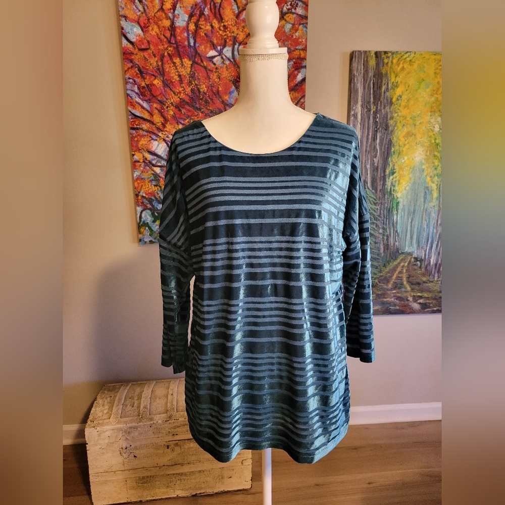 Chico's Teal Striped Long Sleeve Top